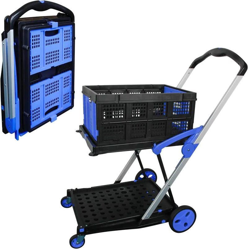 [AZUL, 1 Cesto] Carrinho de Compras Dobrável