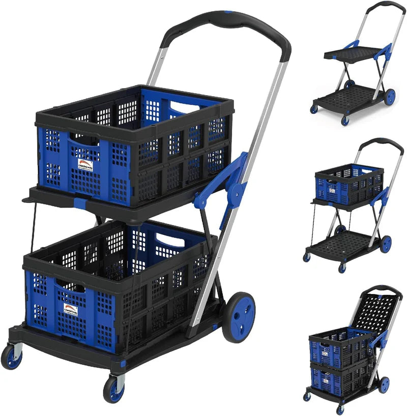 [AZUL, 2 Cestos] Carrinho de Compras Dobrável